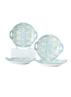 Buy 4-Piece Hand-Painted Round Plates Blue/Yellow 23.5x20x4cm in Saudi Arabia