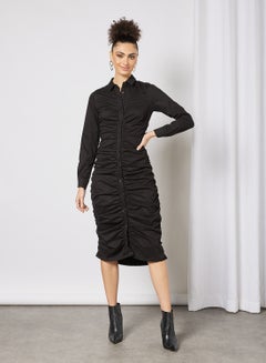 اشتري Ruched Button Down Dress أسود في الامارات