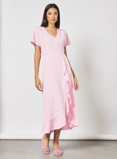 Buy Stylish Casual floral half sleeves V-neck  Midi wrap Dress with frills Pink in Saudi Arabia