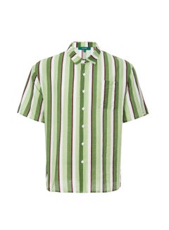 Buy Casual Stripes Short Sleeves Woven Shirt with Pocket Green Stripe in Saudi Arabia