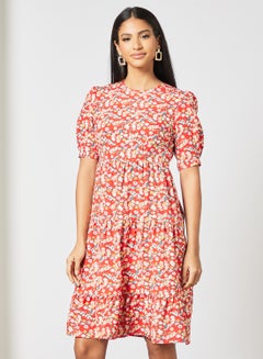 Buy Women's Casual Round Neck Floral Print Half Sleeve Maxi Dress 1-Redprt/White/Blue in Saudi Arabia
