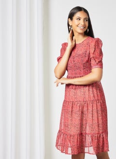Buy Women's Casual Round Neck Floral Print Half Sleeve Maxi Dress 2-Redprt/White/Black in Saudi Arabia