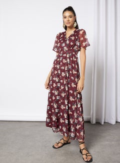 Buy Floral Print Wrap Maxi Dress Dark Red in UAE