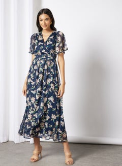 Buy Floral Print Wrap Maxi Dress Navy in Saudi Arabia