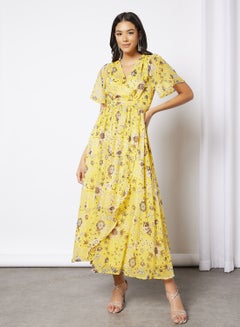 اشتري فستان طويل ملفوف حول الخصر بنقشة زهور مطبوعة أصفر في السعودية
