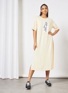Buy Casual Short Sleeve Loose Tee Knit Long Evening Maxi Dress With Side Slit N38 Oat in UAE