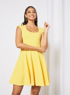 Buy Casual Square Neck Cap Sleeve Midi Solid Knit Dress Yellow in Saudi Arabia