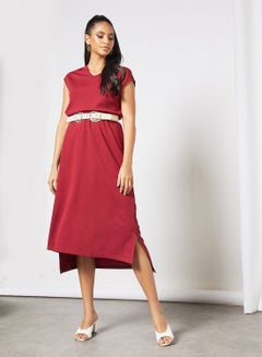 Buy Casual V Neck Sleeveless Long Evening Maxi Solid Knit Dress 4 Dark Red in UAE