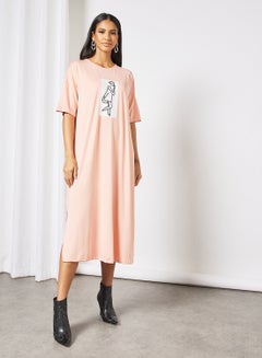 Buy Casual Short Sleeve Loose Tee Knit Long Evening Maxi Dress With Side Slit N32 Coral in UAE