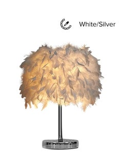 Buy Portable Modern Style Antique Designed Decorative Table Lamp With Feather Lampshade White/Silver 13x13x24cm in Saudi Arabia