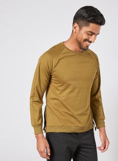 Buy Men Casual Trendy Side Zip Strap Long Sleeves Crew Neck Pullover Sweatshirt Olive in UAE