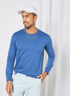 Buy Men Casual Sporty Trendy Patch Pocket Crew Neck Long Sleeves Winter Sweatshirt Blue in Saudi Arabia