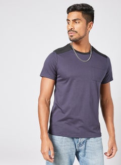 Buy Trendy Casual Contrast Shoulder Short Sleeves T-shirt with Pocket Navy/Black in UAE