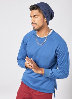 Buy Men Casual Trendy Side Zip Strap Long Sleeves Crew Neck Pullover Sweatshirt Navy in UAE