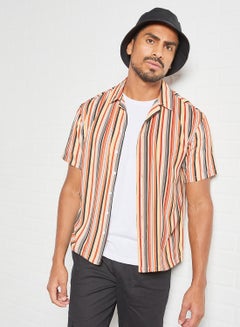 Buy Bowling Collar Casual Stripes Short Sleeve Shirt Brown Stripe/Black/White in Saudi Arabia