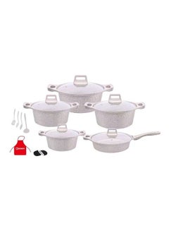 Buy 17-Piece Non-Stick Dots Cookware Set Includes 1xCasserole With Lid 20 cm, 1xCasserole With Lid 24 cm ,1xCasserole With Lid 28 cm, 1xCasserole With Lid 32 cm, 1xShallow Casserole With Lid 28 cm, 7-Piece Cooking Tools White/Granite 20cm in UAE