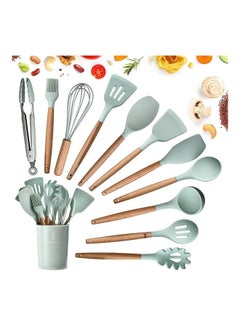 Buy 11-Piece Non-Stick Silicone Cooking Utensils Set Green 12.5x12.5x33cm in UAE