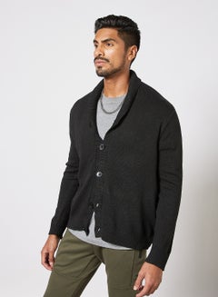 Buy Men's Knitted Solid Button Detailed Wide Collar Full Sleeves Cardigans For Winters Black in Saudi Arabia