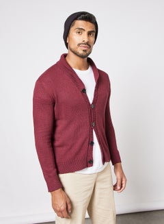 Buy Men's Knitted Solid Button Detailed Wide Collar Full Sleeves Cardigans For Winters Maroon in Saudi Arabia