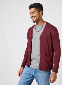 Buy Men's Solid Button Detailed Wide Collar Full Sleeves Cardigans For Winters With Two Pocket Maroon in Saudi Arabia