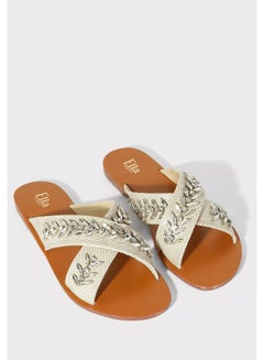 Buy Cross Over Embellished Texture Flat Sandals Light Beige/Silver in UAE