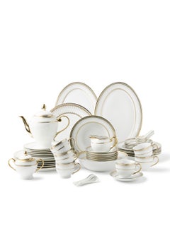 Buy 56-Piece Porcelain Dinner Set, Plates, Cups, Bowls Serves 6 White /Gold Geo in UAE