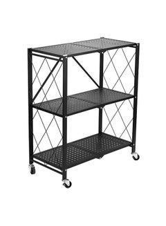 Buy 3-Tier Foldable Bathroom Storage Shelf With Wheel Black/Silver 86x71x38cm in UAE