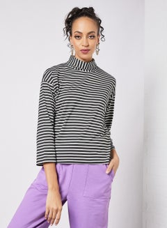 Buy Women's Casual Turtleneck Drop-Shoulder Long Sleeve Stripes Crop Top Multicolour in UAE