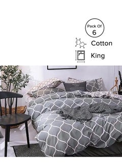 اشتري 6-Piece King Size Premium Collection Super Soft Long Lasting Washable Geometric Design Bedding Duvet Set Includes 1xDuvet Cover,1xFitted Sheet 200x200+30 cm,4xPillowcases 50x75 cm مايكروفايبر رمادي / أبيض 220x240سم في الامارات