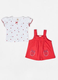 Buy 2-Piece Cotton Printed Top And Jumper Set Red/White in UAE