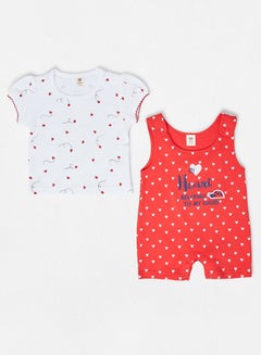 Buy Heart Printed Round Neck Romper And T-Shirt Set White/Red in UAE