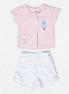Buy Round Neck Top And Strip Printed Shorts Set White/Pink/Blue in UAE
