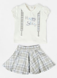 Buy Collared Neck Happy Star Printed Top And Checked Printed Skirt Set White/Grey in UAE
