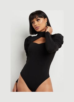 اشتري Puff Sleeves Cut-Out Keyhole Bodysuit Black في السعودية