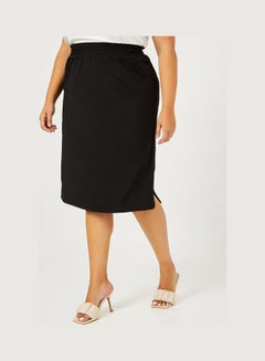 Buy Plus Basic High Waist Split Hem Knee Length Skirt Black in Saudi Arabia