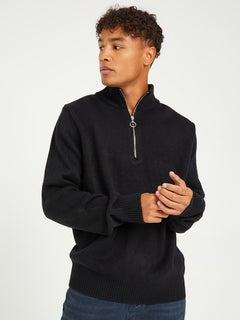 Buy Zip Collared Long Sleeves Basic Sweater Black in Saudi Arabia