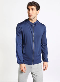 Buy Men's Side Pocket Autumn Winter Full Sleeves Front Open Zippered Windbreaker Jacket Dark Blue in Saudi Arabia