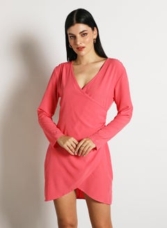 اشتري فستان كاجوال أساسي قصير بأكمام طويلة وتصميم سادة للنساء أحمر كالبطيخ في الامارات