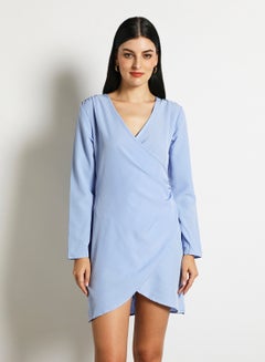 Buy Casual Mini Long Sleeve Plain Dress Blue in UAE