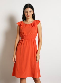 Buy Women'S Casual Midi Puff Sleeve Dress Orange in UAE