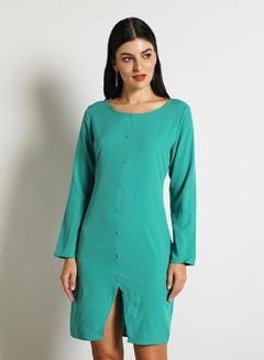 Buy Women'S Casual Knee Length Long Sleeve Plain Basic Dress Blue in UAE