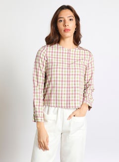 Buy Women's Casual Rayon Long Sleeve Blouse With Round Neck Checkered With Front Zipper Multicolour in Saudi Arabia