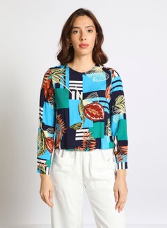 Buy Women's Casual Rayon Long Sleeve Blouse With Round Neck Printed With Front Zipper Multicolour in UAE