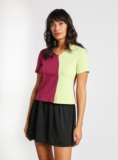 Buy Women‘s V-Neck Colour Blocked Short Sleeves Knitted Top Modena/Green in Saudi Arabia