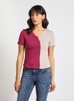 Buy Women's V Neck Colour Block Short Sleeve Knitted Top Modena/Grey in UAE