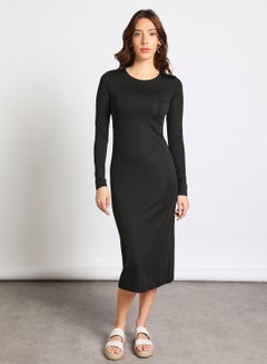 Buy Women's Round Neck Long Sleeve Midi Bodycon Knit Dress Black in Saudi Arabia