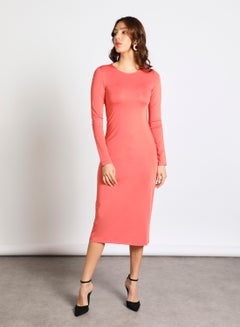 Buy Women's Round Neck Long Sleeve Midi Bodycon Knit Dress Orange in UAE
