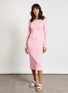 Buy Women's Round Neck Long Sleeve Midi Bodycon Knit Dress Pink in UAE