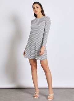 Buy Women's Casual Round Neck Long Sleeve Knee Length Midi Strips Knit Dress Grey in UAE