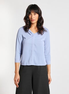 Buy Women's Casual Long Sleeve V Neck Solid Top Blue in UAE